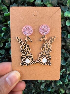 Pink Glitter & Leopard Bunny Dangle Earrings